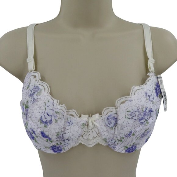 VTG Maidenform 36C Bra Purple Flower Polka Dot White Lace Underwire Lined NEW - Picture 1 of 14